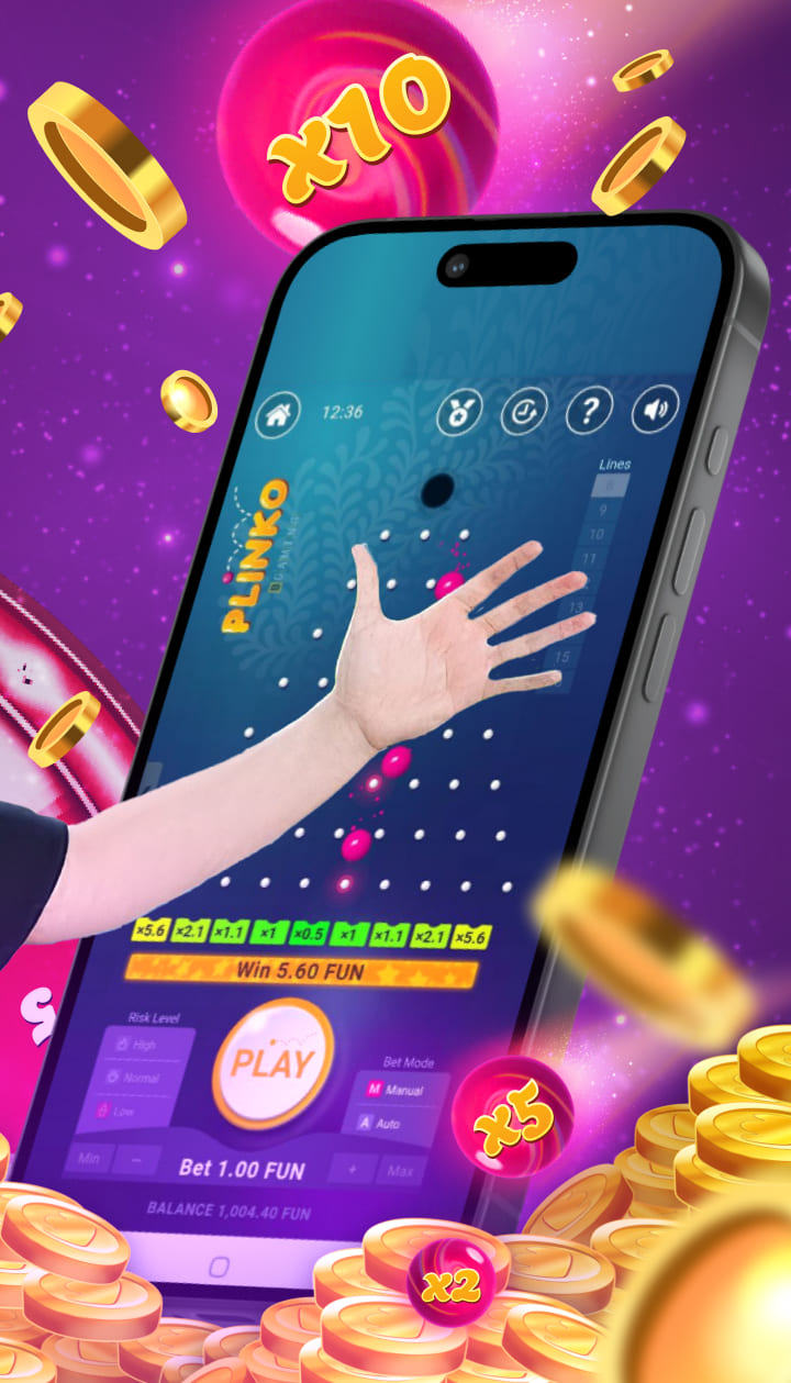 A dynamic Plinko game screen showcasing a pink ball in motion, colorful pegs, and scattered coins with a deep blue background.